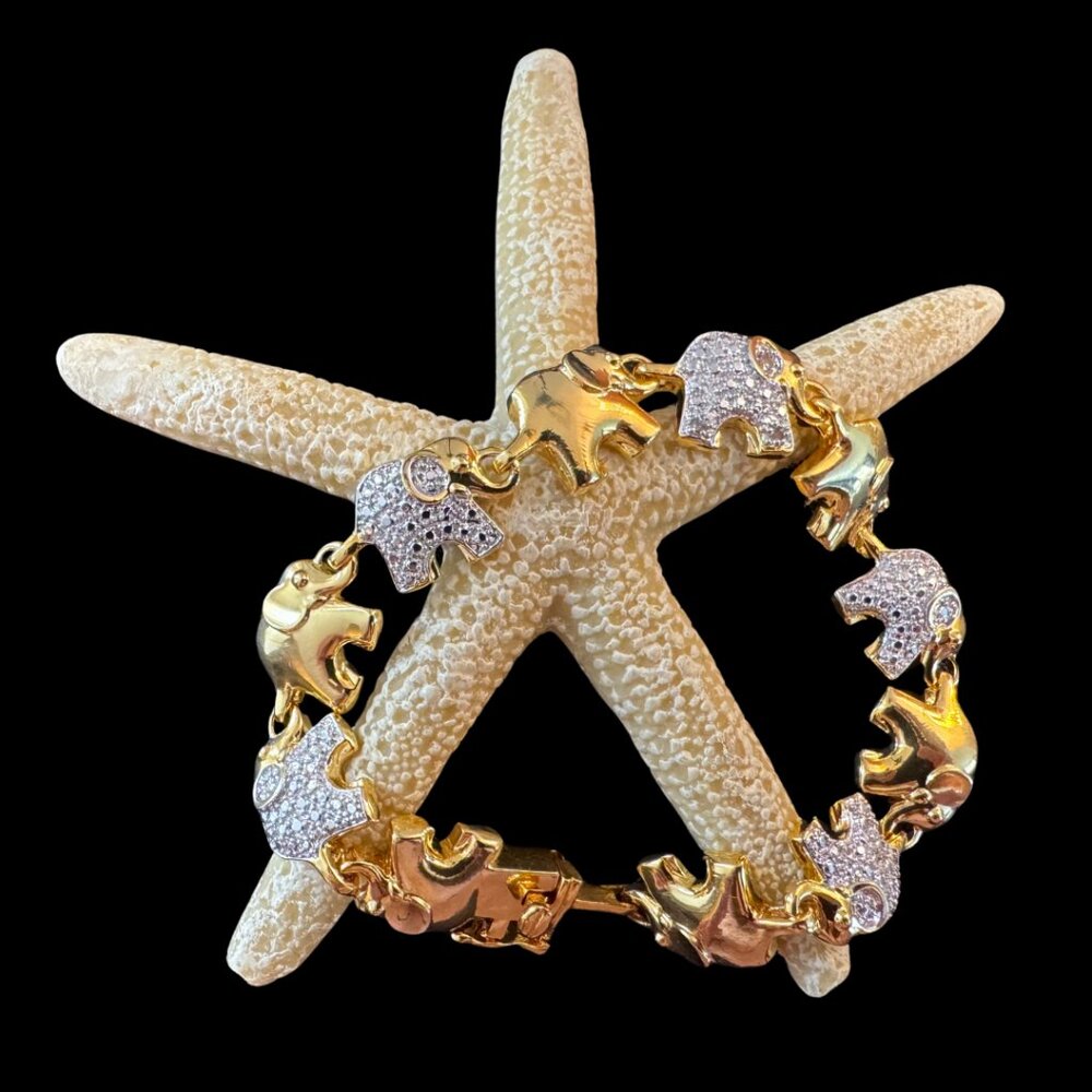 Gold Elephant Tennis Bracelet Signed BR KRN 8" Gold Tone Elephant Link Bracelet - Picture 2 of 8